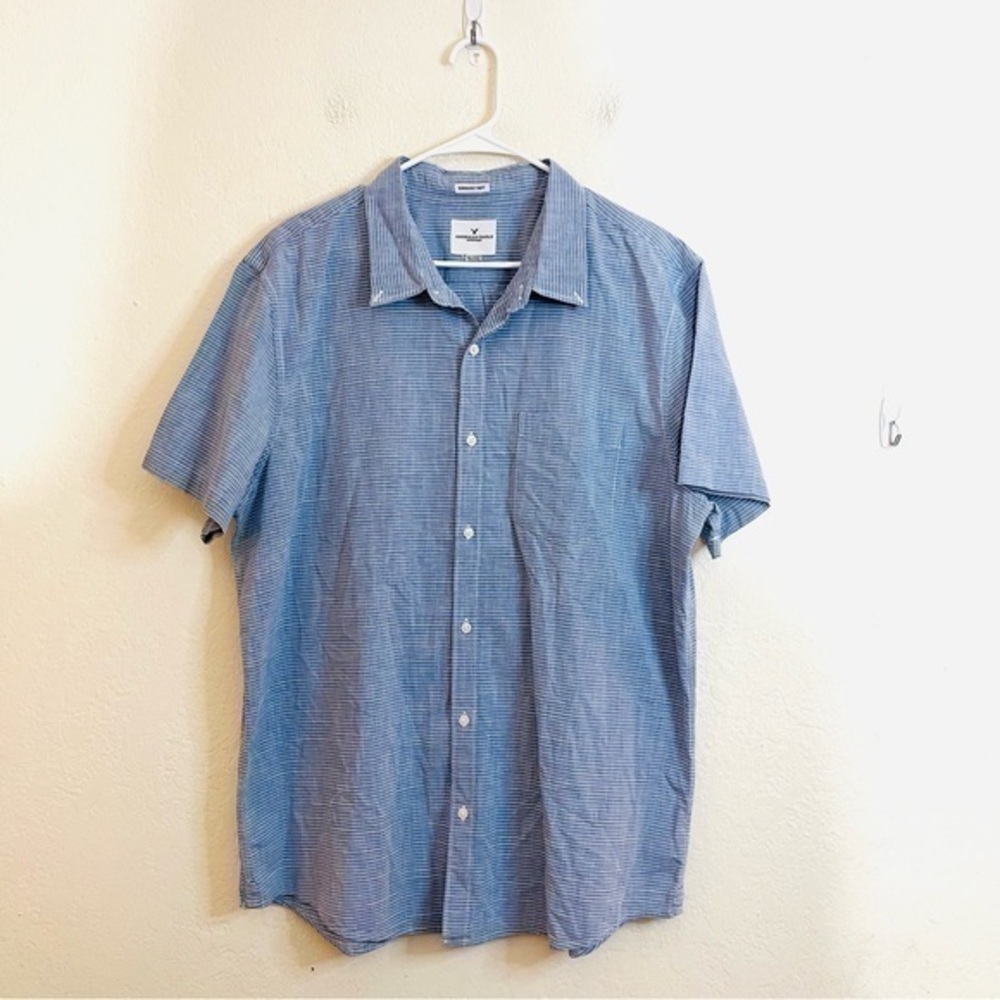 American Eagle Seriously Soft Button Down Striped Shirt XXL Blue/White